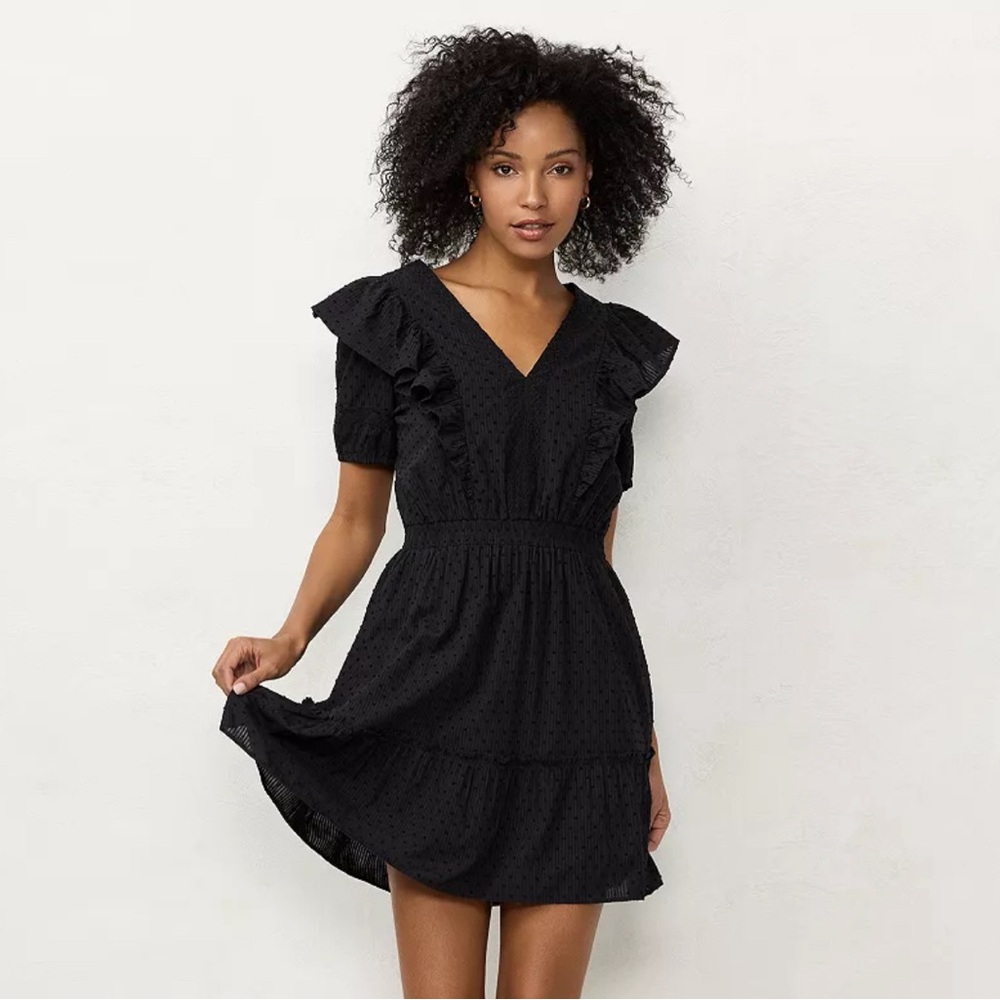 Women's LC Lauren Conrad Black VNeck Ruffle Mini Romantic Charm Dress Size Small